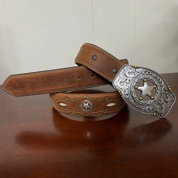 Tony Lama leather belt C41189 brown country western cowboy star cutout buckle - Picture 2 of 9
